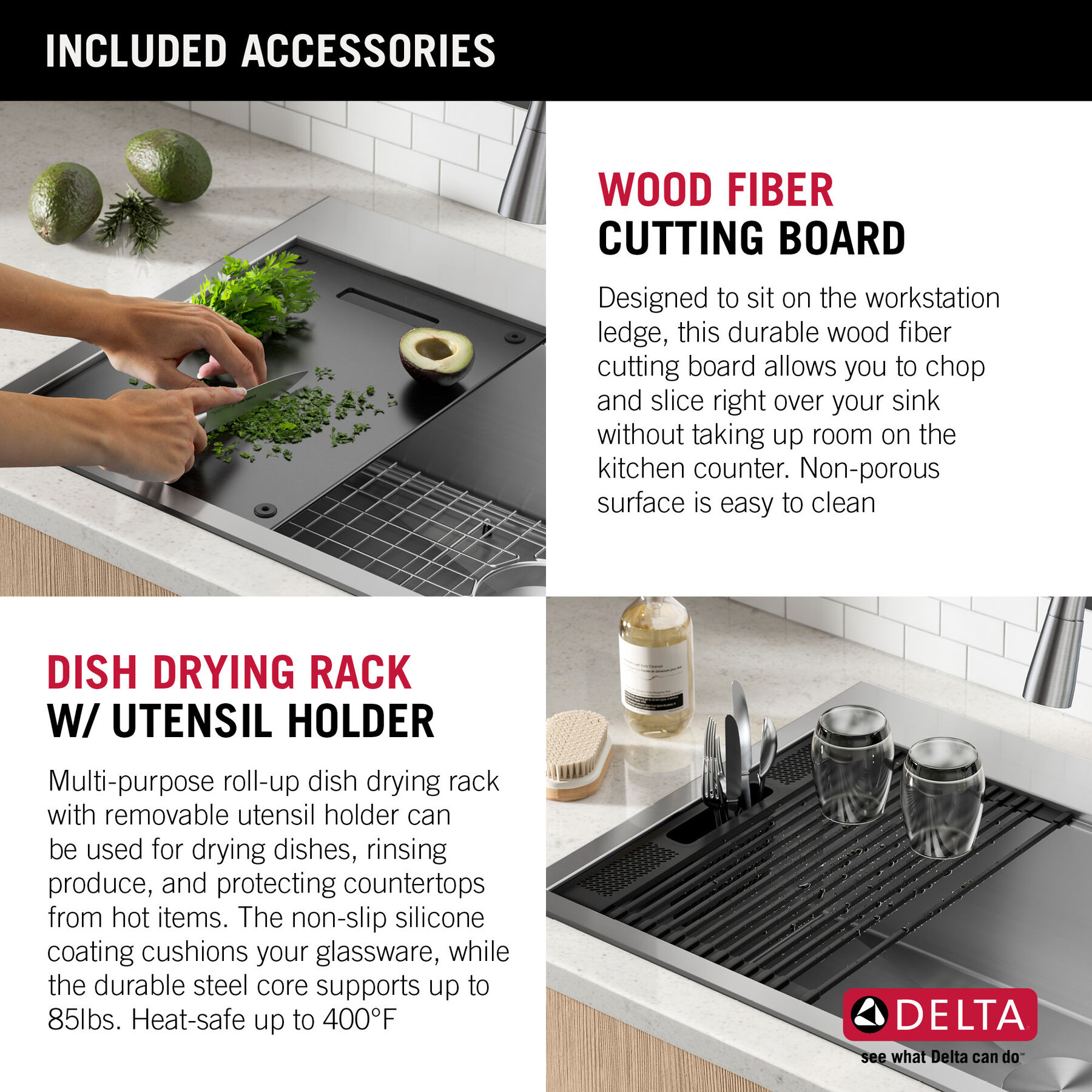 Lavabo de cocina tipo estación de trabajo con dos receptáculos de acero inoxidable 50/50 calibre 16 de 33" de montaje superior encastrado, con reborde WorkFlow™ y accesorios, imagen 1